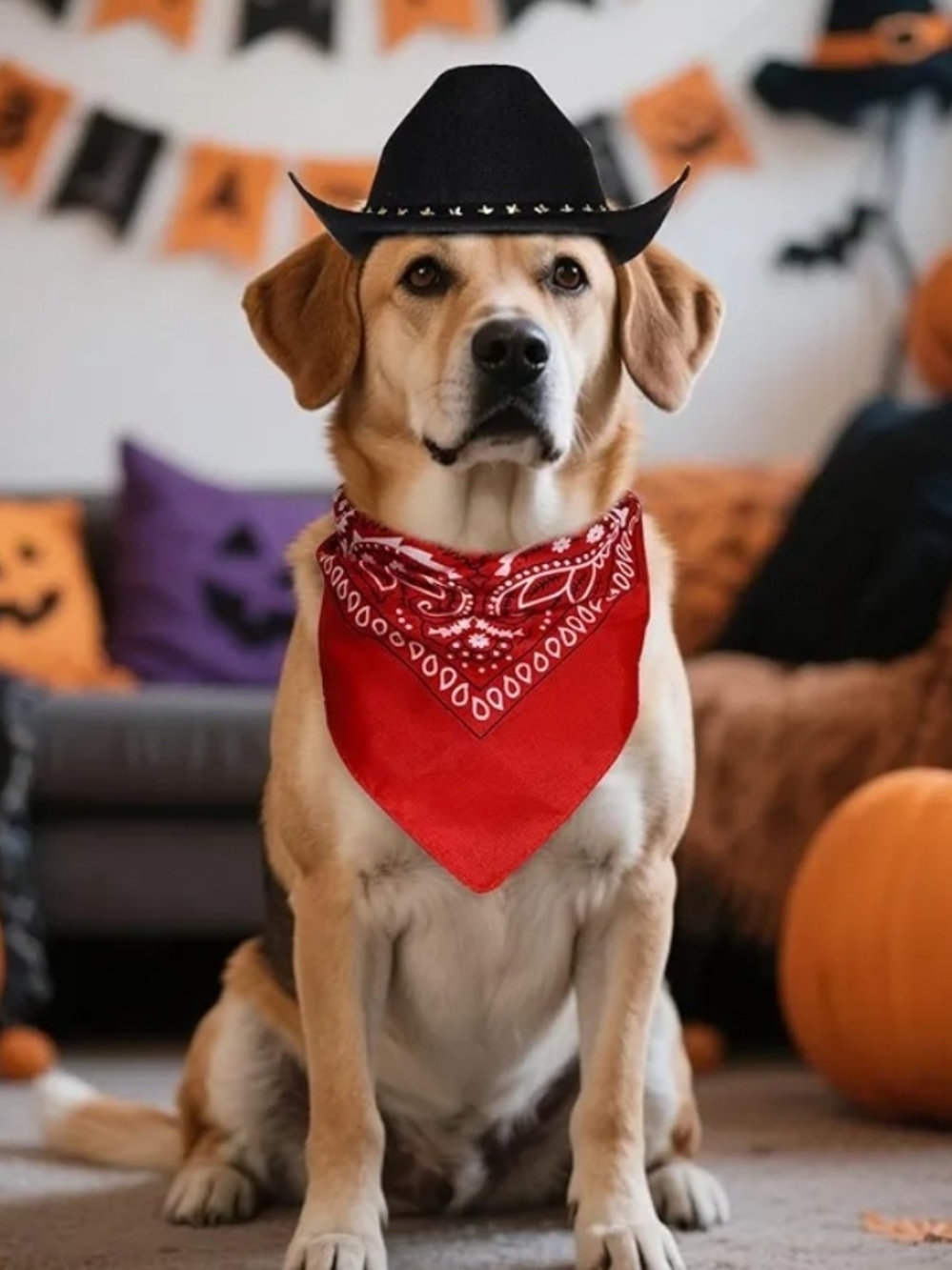 Dog Or Cat Black Cowboy Hat And Red Bandana Set S, L